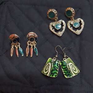 Vintage set of 3 pairs goldtone earrings. Unique,  Greens, varieties.